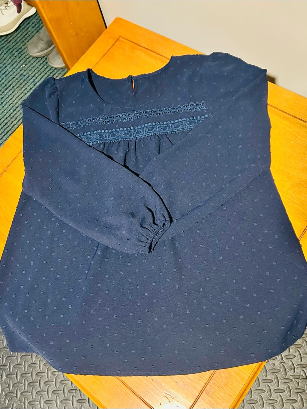 (3/$10) Navy Long-Sleeve Swiss Dot Peasant Blouse